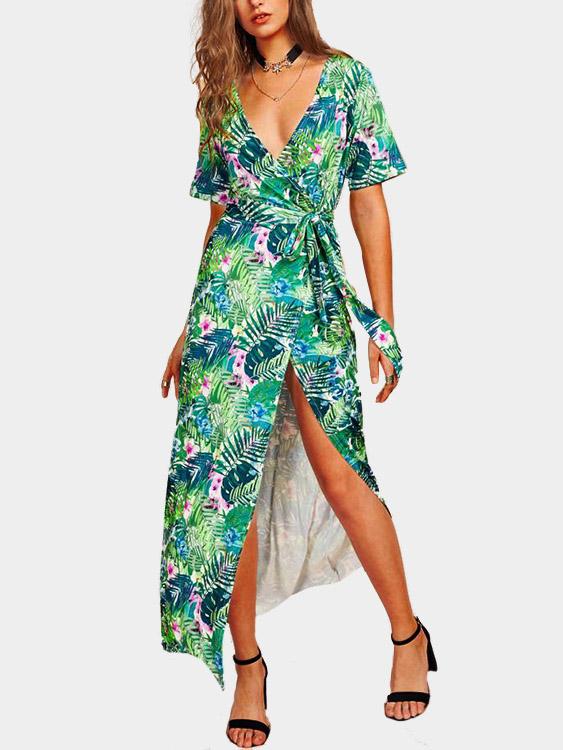 Green V-Neck Short Sleeve Slit Hem Casual Dresses