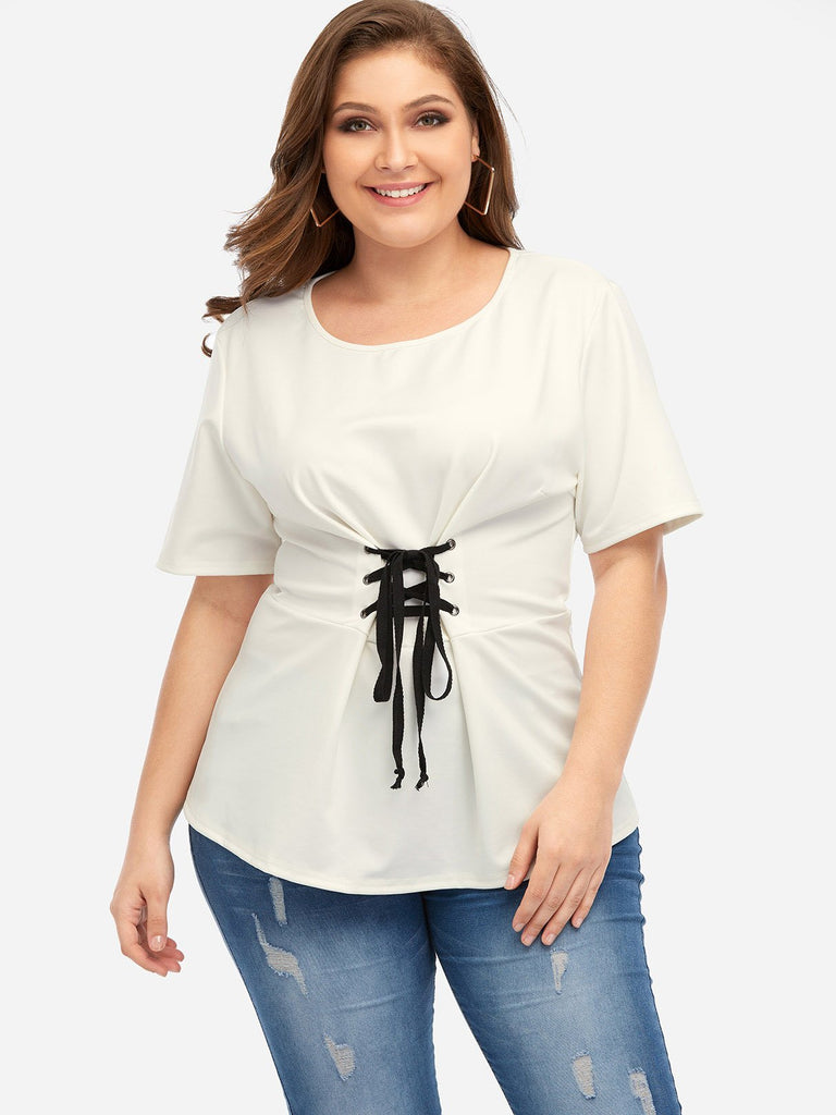 Round Neck Lace-Up Short Sleeve Flounced Hem White Plus Size Tops