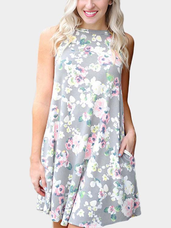 Round Neck Sleeveless Floral Print Cut Out Mini Dresses