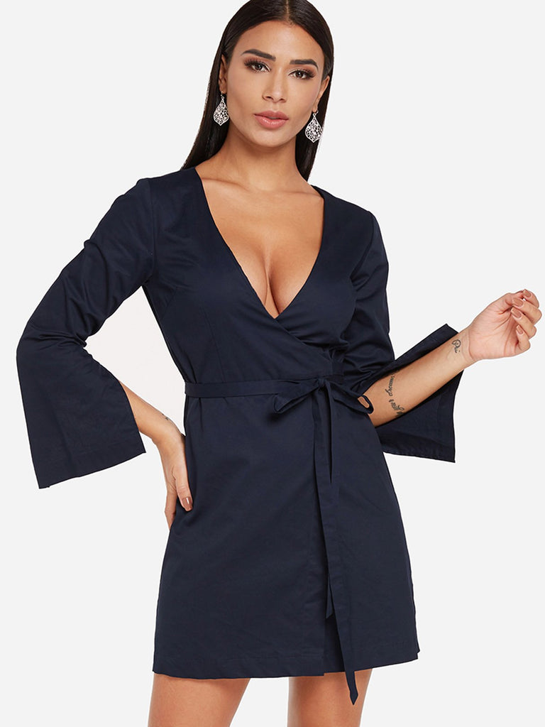 Navy Deep V Neck Long Sleeve Lace-Up Criss-Cross Wrap Mini Dress