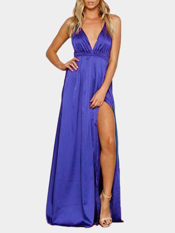 Deep V Neck Sleeveless Backless Lace-Up Slit Hem Dresses