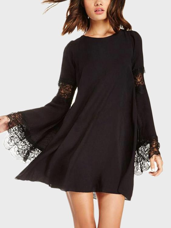 Black Round Neck Long Sleeve Lace Sexy Dress