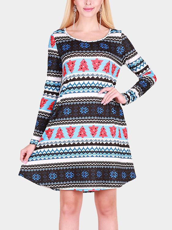 Fashion Round Neck Geometrical Long Sleeve Casual Dresses