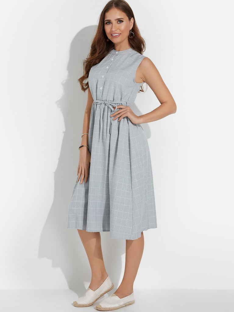 Grey Round Neck Sleeveless Grid Self-Tie Casual Dress