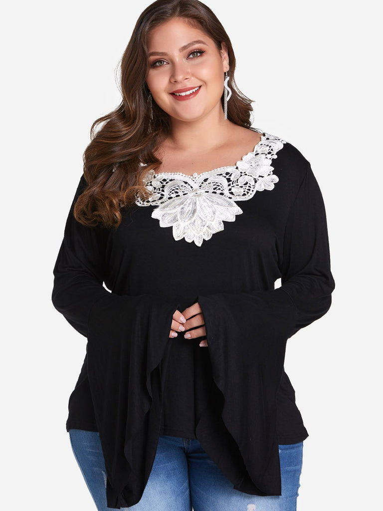 Round Neck Plain Long Sleeve Black Oversized Tops