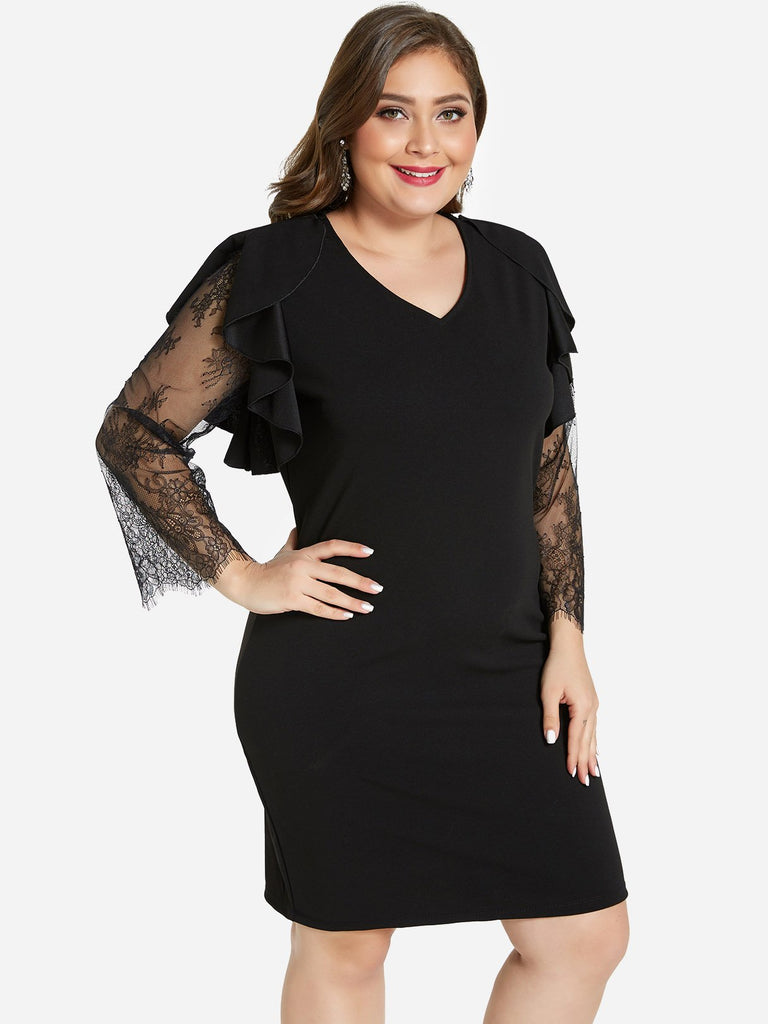 V-Neck Plain Lace Long Sleeve Plus Size Dress