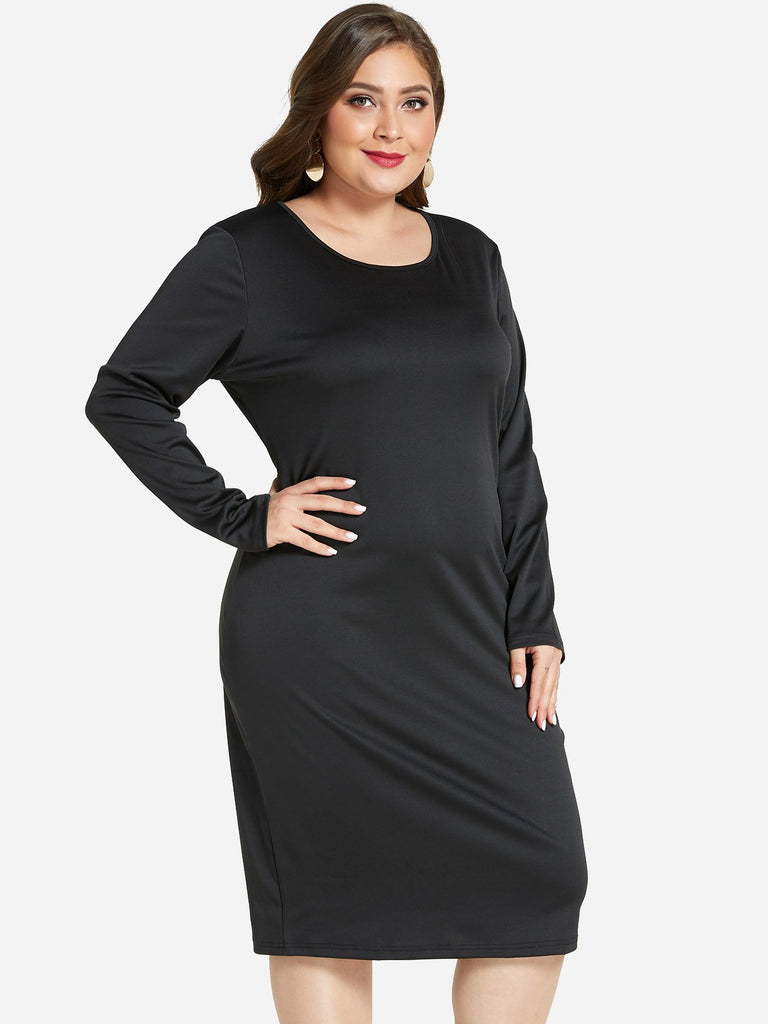 Round Neck Plain Long Sleeve Bodycon Hem Black Plus Size Dress