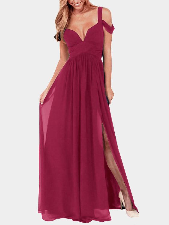 V-Neck Cold Shoulder Slit Sleeveless Burgundy Sexy Dresses