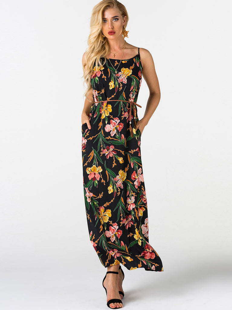 Round Neck Sleeveless Floral Print Tassel Dresses