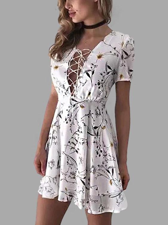 White V-Neck Short Sleeve Floral Print Lace-Up Dresses