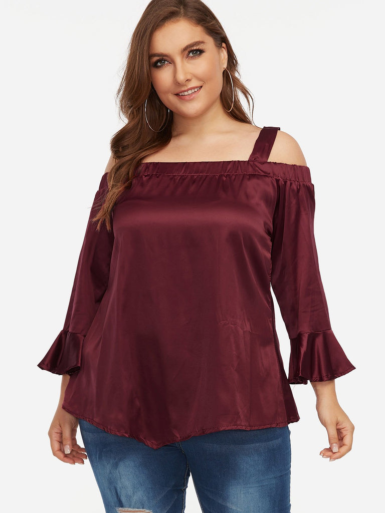 Cold Shoulder Plain Long Sleeve Burgundy Plus Size Tops