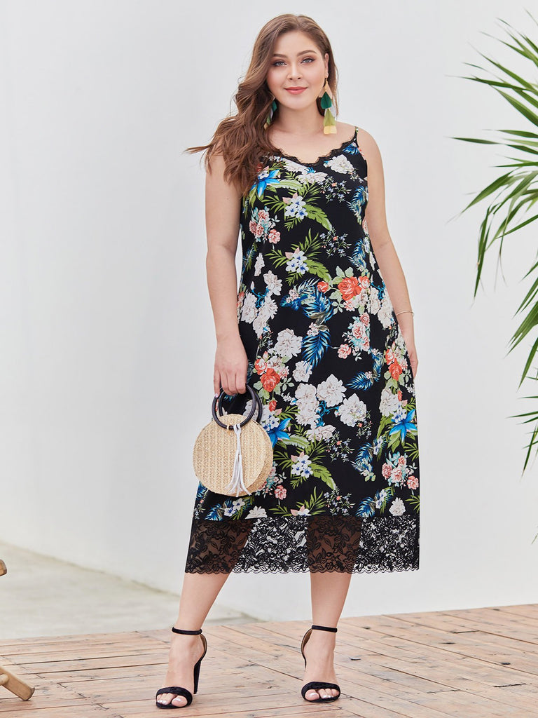 V-Neck Floral Print Lace Sleeveless Black Plus Size Dress