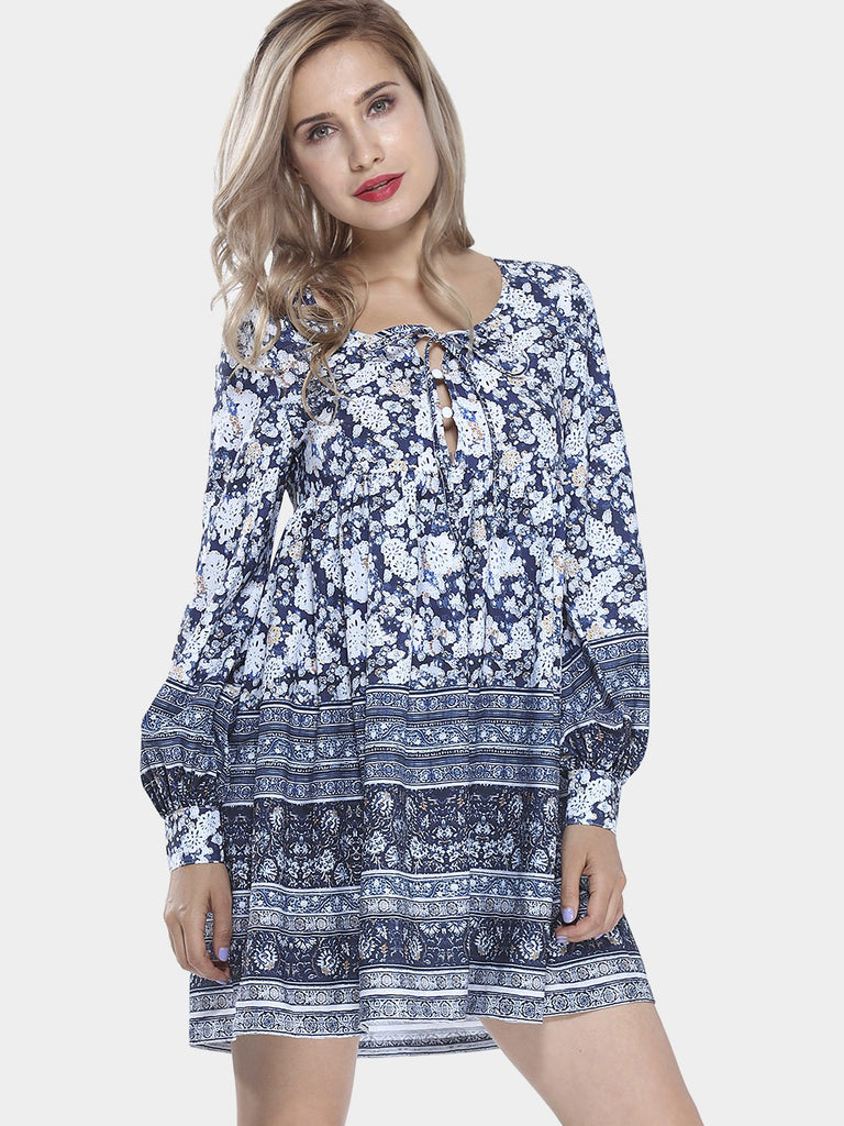 Round Neck Long Sleeve Floral Print Casual Dresses