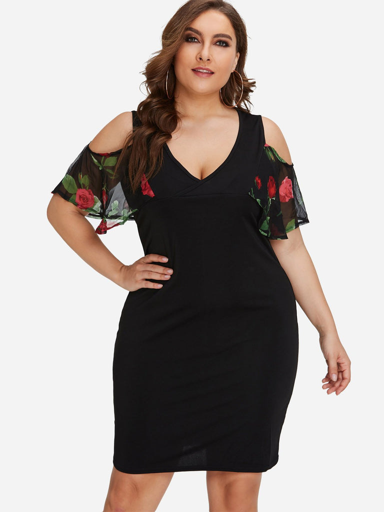 V-Neck Cold Shoulder Floral Print Short Sleeve Black Plus Size Dresses