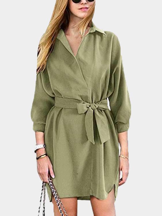 V-Neck Long Sleeve Curved Hem Dresses