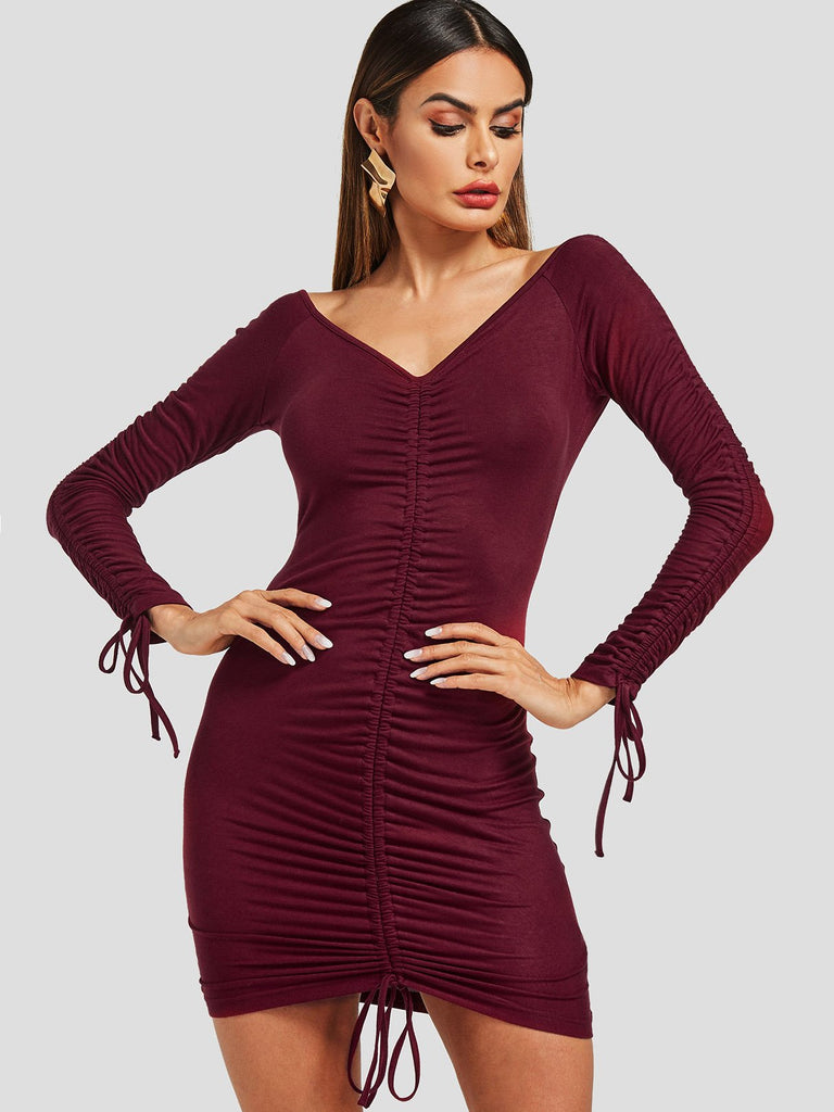 Burgundy V-Neck Long Sleeve Plain Lace-Up Mini Dress