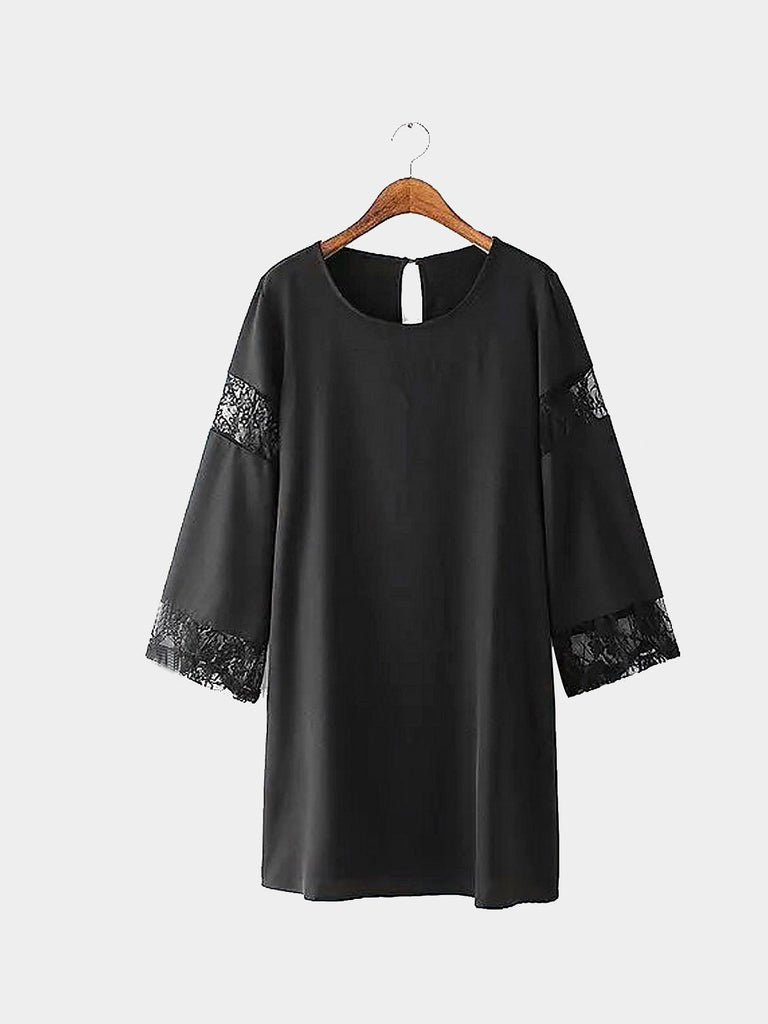 Black Round Neck Long Sleeve Lace Curved Hem Casual Dress