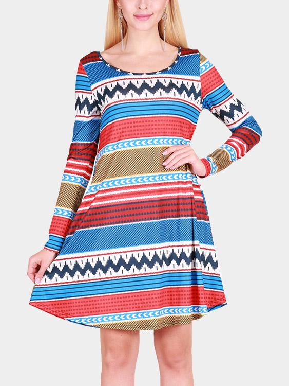 Casual Round Neck Long Sleeve Geometrical Dresses