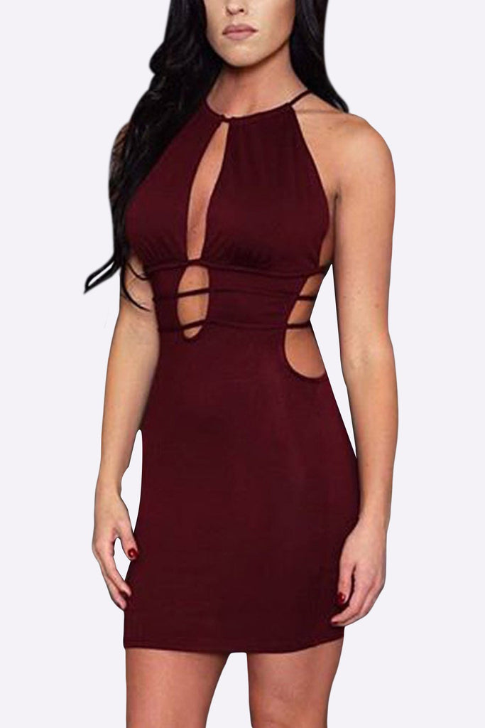 Burgundy Halter Sleeveless Lace-Up Cut Out Bodycon Mini Dress