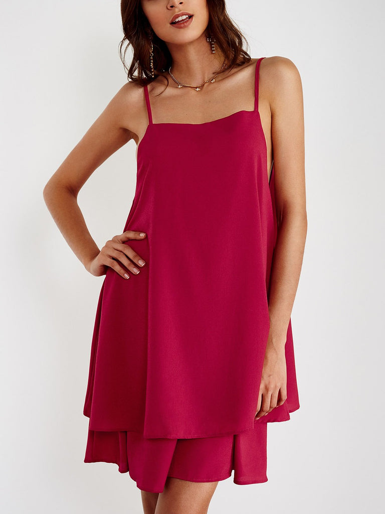 Crew Neck Backless Sleeveless Irregular Hem Burgundy Casual Dresses