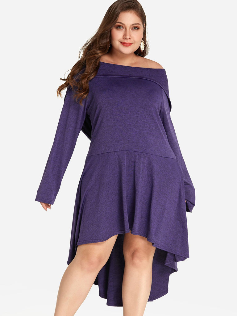 Off The Shoulder Plain Lace Hooded Long Sleeve High-Low Hem Purple Plus Size Dress