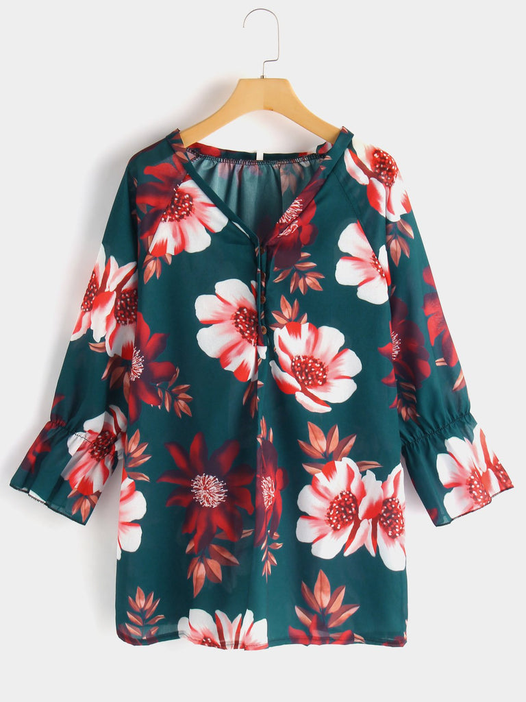 V-Neck Floral Print 3/4 Sleeve Green Plus Size Tops