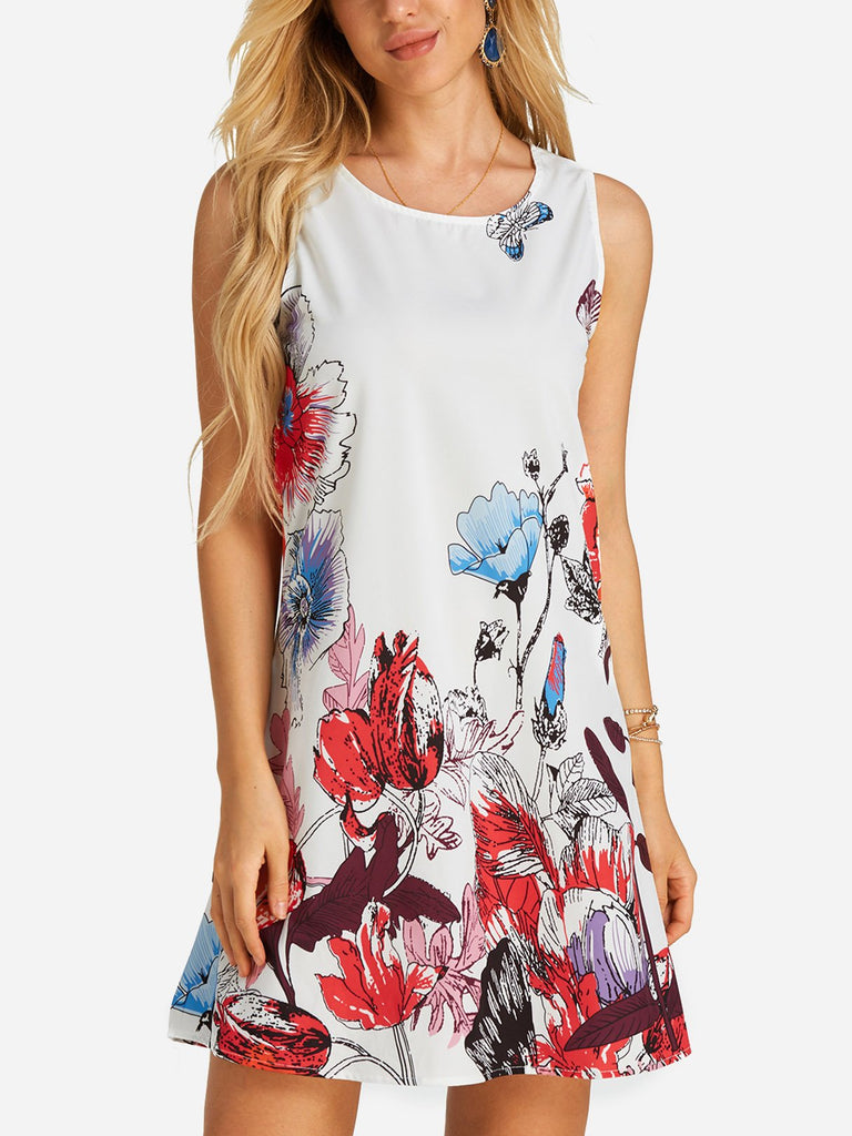 White Floral Print Crew Neck Sleeveless Dresses