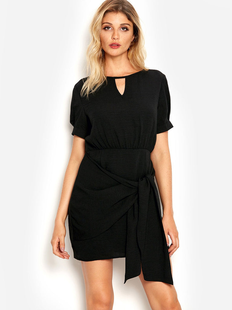 Black Short Sleeve Plain Cut Out Self-Tie Mini Dress