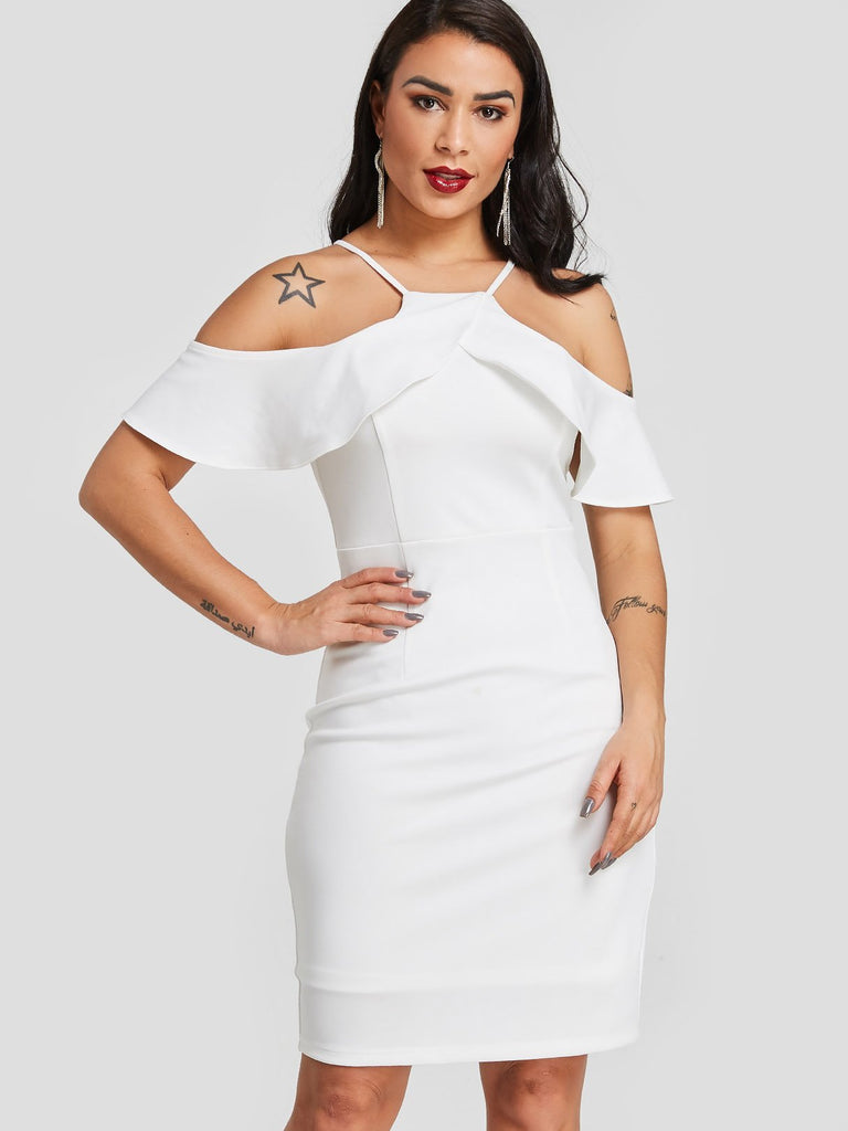 White Cold Shoulder Short Sleeve Plain Cut Out Sexy Dress