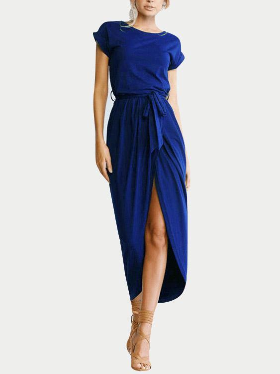 Navy Round Neck Short Sleeve Slit Maxi Dress