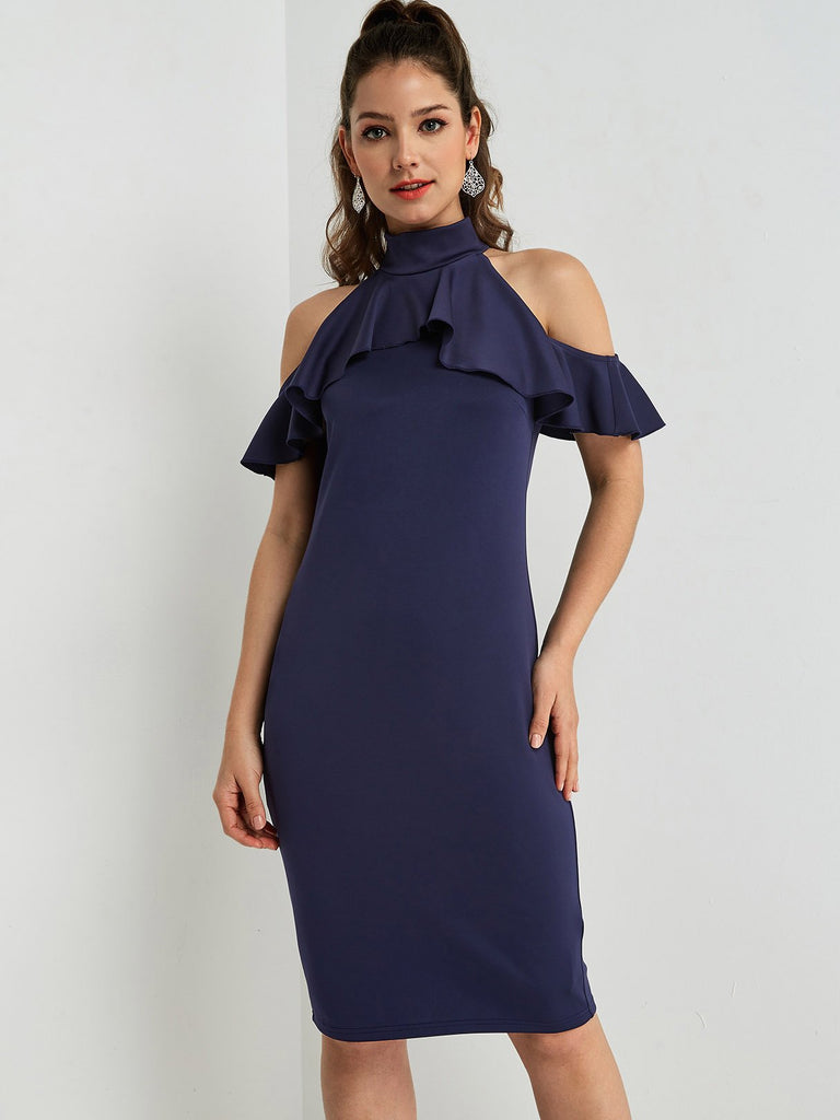 Navy Cold Shoulder High Neck Plain Sexy Dresses