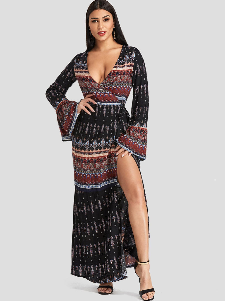 Deep V Neck Long Sleeve Tribal Print Slit Dresses