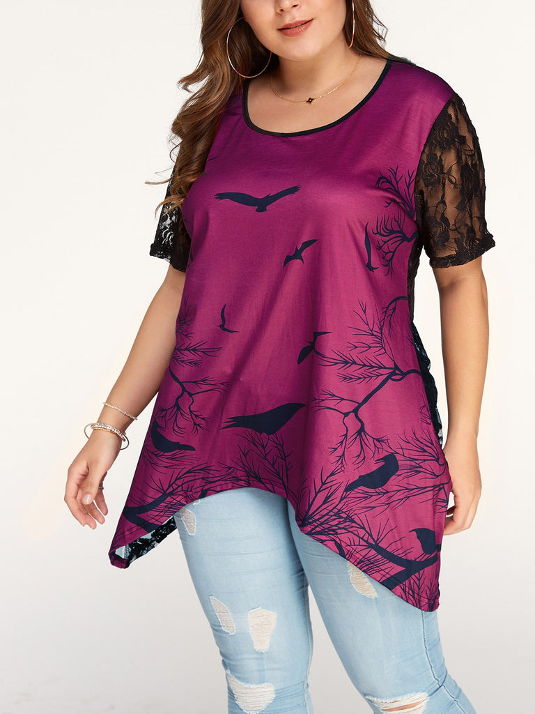 Round Neck Lace Short Sleeve Irregular Hem Plus Size Tops