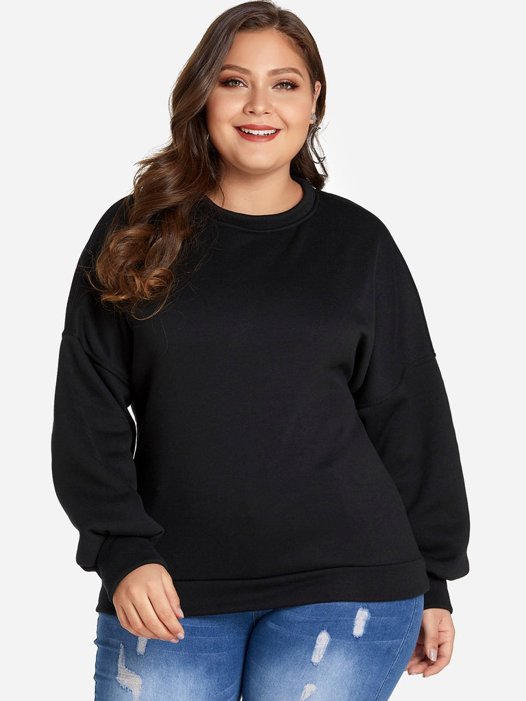 Round Neck Plain Backless Cut Out Long Sleeve Black Plus Size Tops