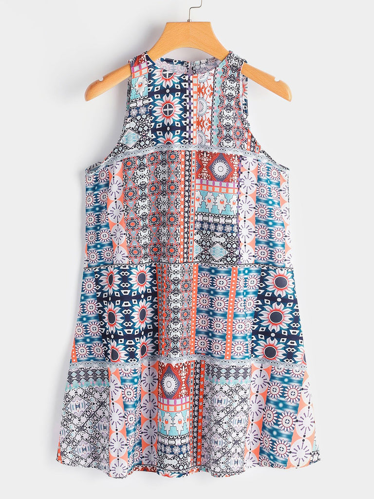 Blue Round Neck Sleeveless Tribal Print Casual Dresses