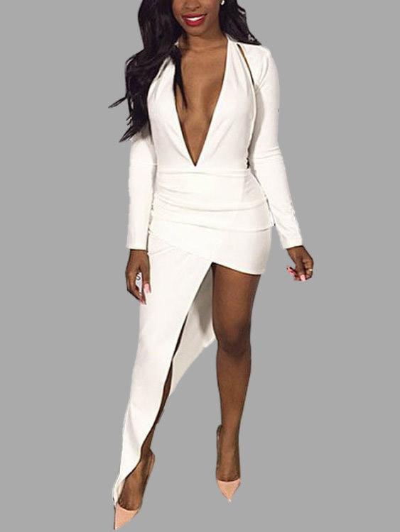 White V-Neck Long Sleeve Plain Dresses