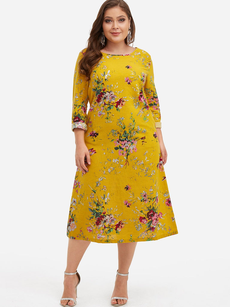 Round Neck Floral Print Side Pockets Long Sleeve Flounced Hem Plus Size Dress