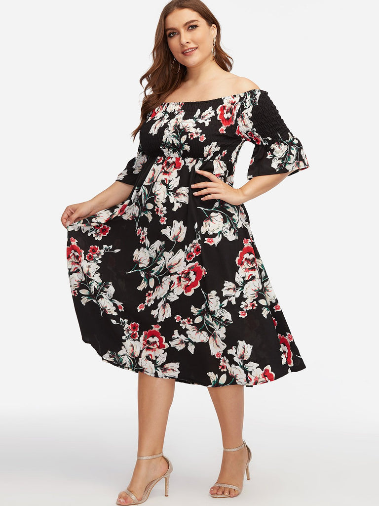 Off The Shoulder Floral Print Half Sleeve Flounced Hem Black Plus Size Dresses