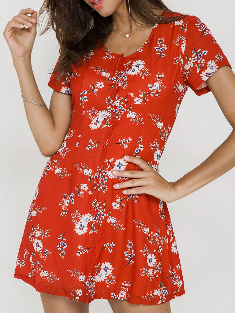 Scoop Neck Floral Print Short Sleeve Dresses