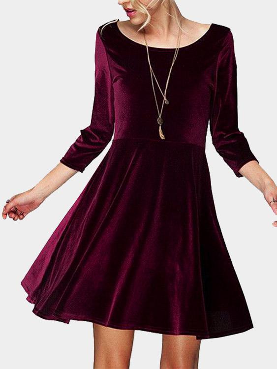 Scoop Neck Backless Long Sleeve Ruffle Hem Burgundy Mini Dress