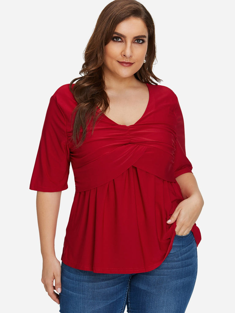 Round Neck Plain Pleated Half Sleeve Red Plus Size Tops