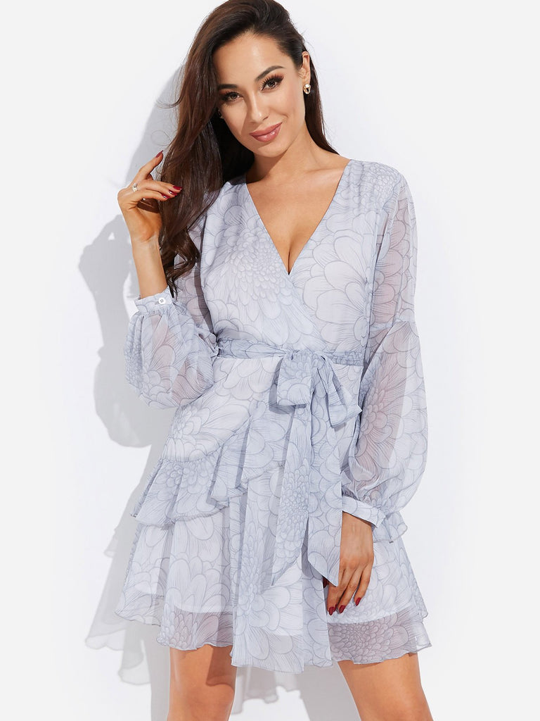 V-Neck Long Sleeve Floral Print Lace-Up Belt Wrap Flounced Hem Dresses