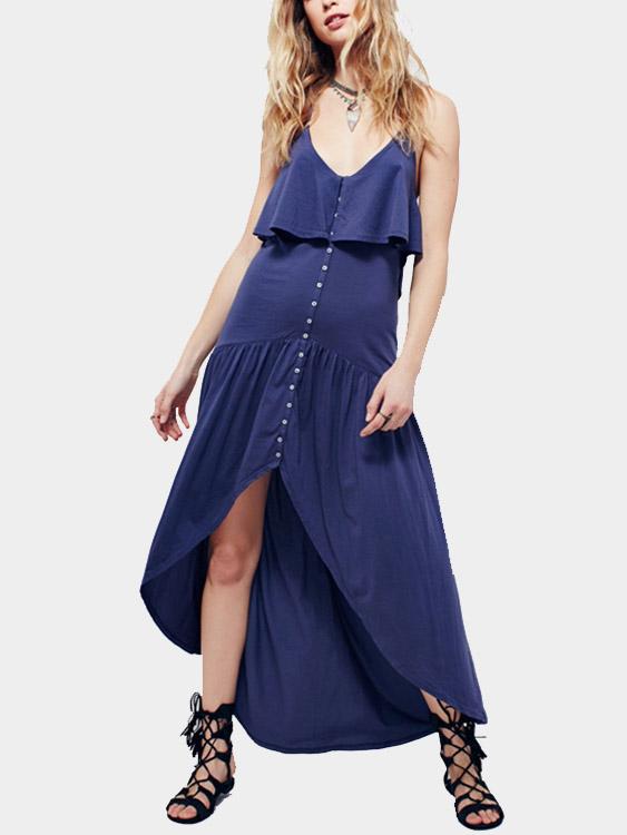 Blue V-Neck Sleeveless Backless Maxi Dress