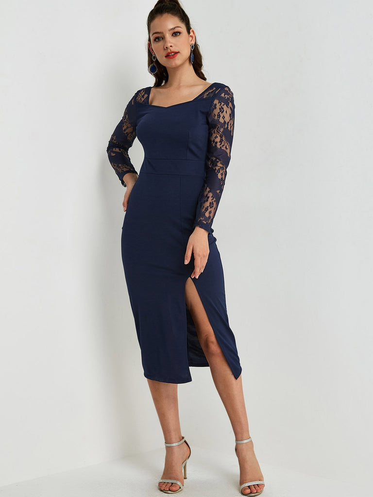 Blue Square Neck Long Sleeve Lace Slit Hem Sexy Dresses