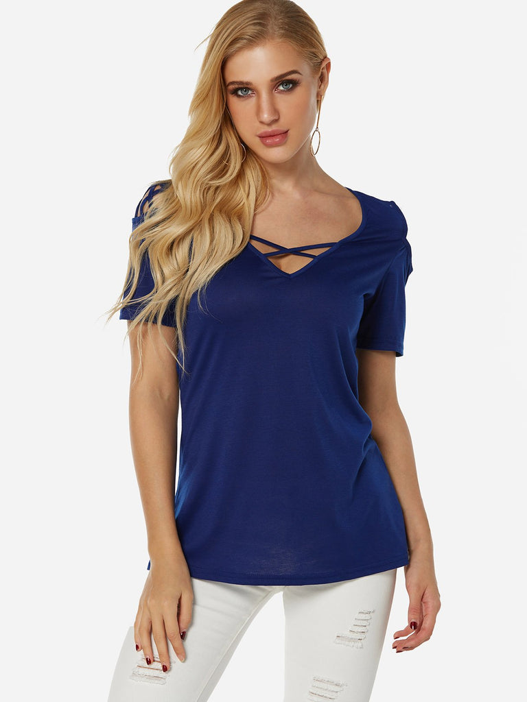 V-Neck Crossed Front Lace-Up Short Sleeve T-Shirts