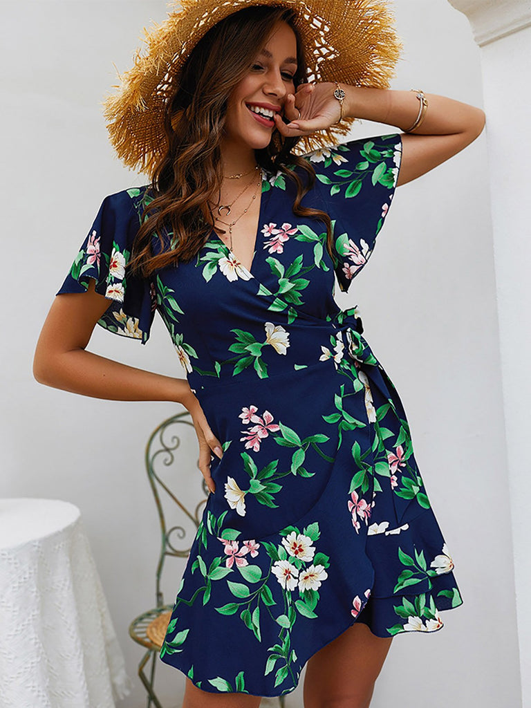 V-Neck Short Sleeve Floral Print Self-Tie Wrap Flounced Hem Dresses