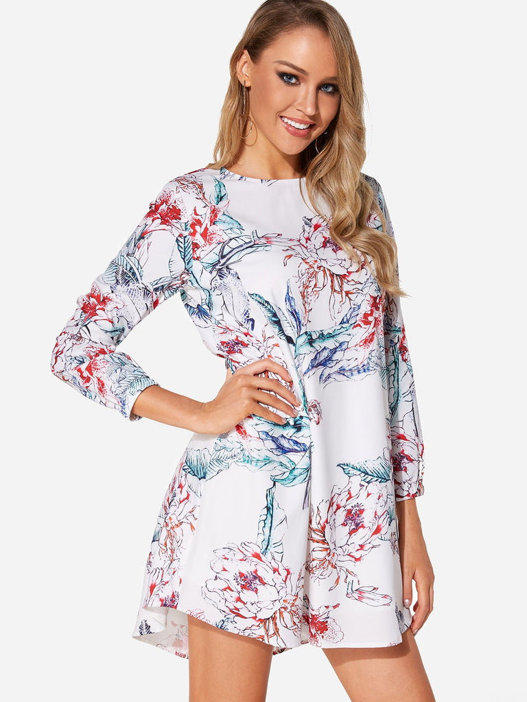 White Round Neck Long Sleeve Floral Print Curved Hem Dresses