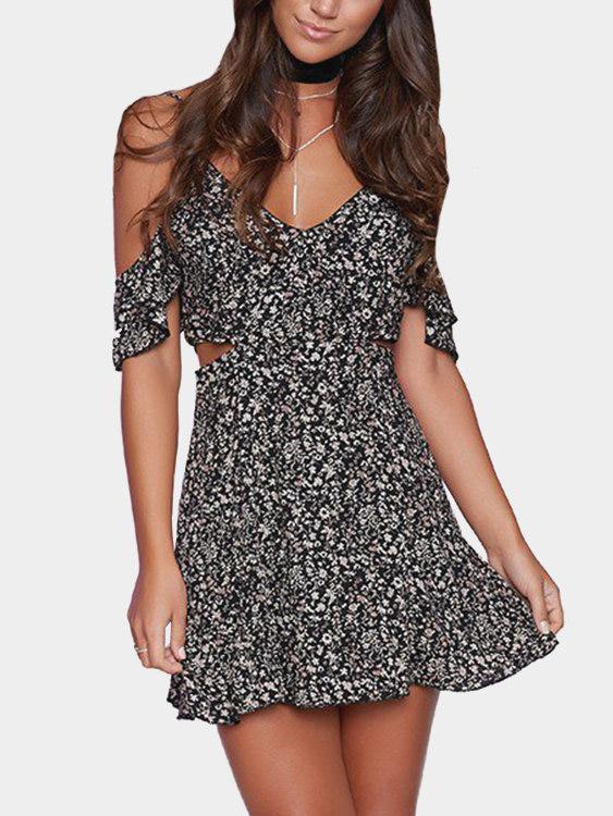 Black V-Neck Short Sleeve Floral Print Cut Out Sexy Dress