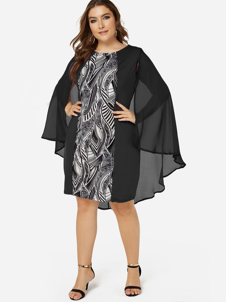 Round Neck Scarf Print Black Plus Size Dress