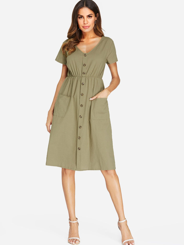 Ladies Army Green V-Neck Dresses